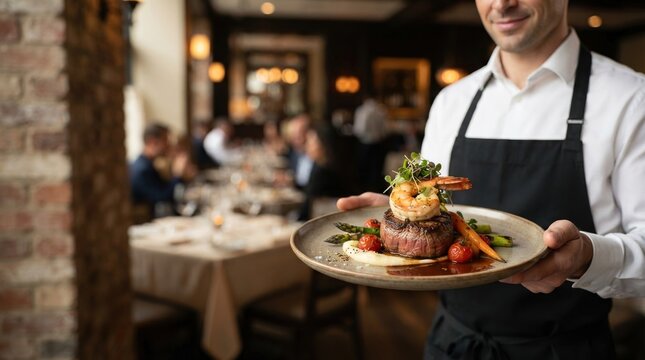 Waiter Serving Gourmet Surf and Turf Dish in Restaurant.