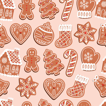 Seamless Christmas Pattern With Gingerbread Man, House, Tree, Candy Cane, Mitten, Stocking, Heart, Bell And Snowflake Cookies, White Icing, Brown And Blush Pink, Flat Vector Illustration