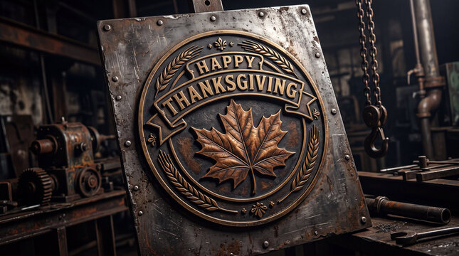 Industrial metal sign with Happy Thanksgiving text and maple leaf in a rustic workshop setting.