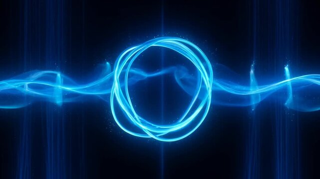 Electric Circle in Blue Glow: A luminous blue circle pulsates with energy, surrounded by flowing lines and vertical beams of light against a dark background.