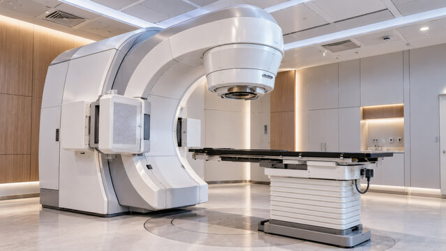 Medical linear accelerator machine in a modern radiation oncology treatment room