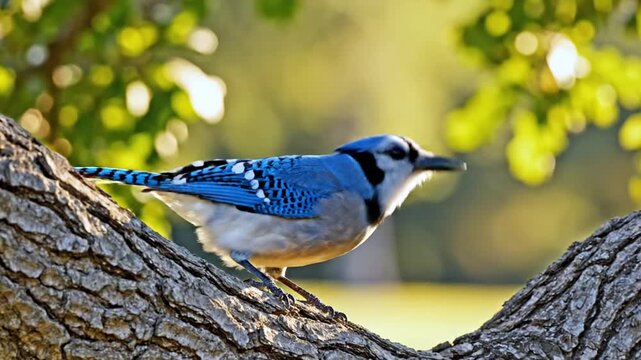 Vibrant blue jay bird perched on a textured tree branch