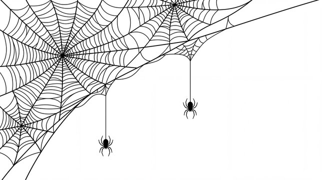 Black spider webs with spiders hanging in corner on white background vector illustration