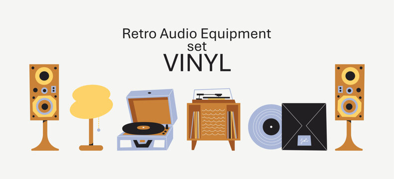 Retro Audio Equipment Set With Vinyl Record, Record Player, Turntable Console, Wooden Speakers And Table Lamp, Mid Century Modern, Mustard, Lavender And Black, Flat Vector Illustration