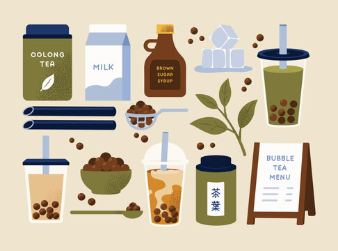 Bubble Tea Set With Tapioca Pearls, Boba Cups, Oolong Tea Tin, Milk Carton, Brown Sugar Syrup, Ice Cubes, Tea Leaves And Menu Board, Olive Green, Navy And Beige, Flat Vector Illustration