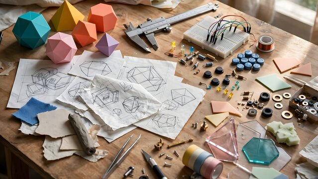 Visual composition illustrating the tools and materials behind creative problem solving