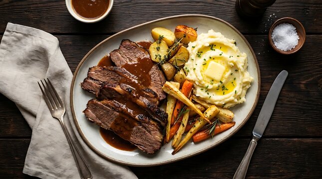 Roasted beef slices with mashed potatoes and cooked root vegetables served on a rustic dark plate. braised brisket 