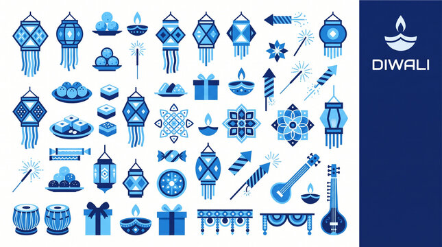 Blue flat vector Diwali festival icons set with lanterns lamps sweets and musical instruments on white background
