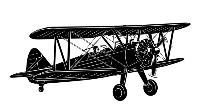 Vintage Biplane with Pilot in Cockpit Black and White Illustration