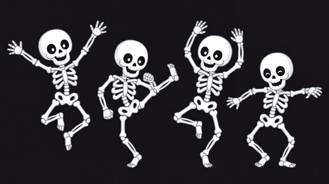 Group of four white cartoon skeletons dancing against solid black background for Halloween.
