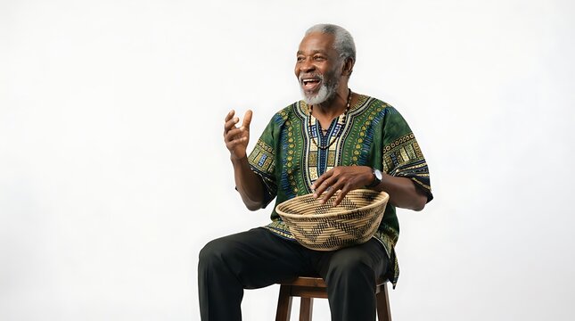 Senior man playing a woven basket drum on a stool