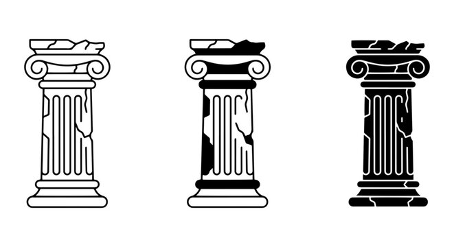Ancient Greek Ionic Columns, Broken Stone Pillars, Classical Architecture Elements, Vector Set