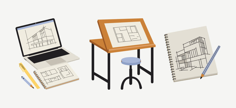 Architect Workspace Set With Drafting Table, Stool, Laptop, Spiral Sketchbook, Building Sketch, Floor Plan, Pencil, Pen And Ruler, Orange, Lavender And Black, Flat Vector Illustration