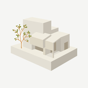 Isometric Architectural Model Of Modern Minimalist House On Base With Small Tree, Concrete Volumes, Beige And Cream With Olive Green Accent, Flat Vector Illustration