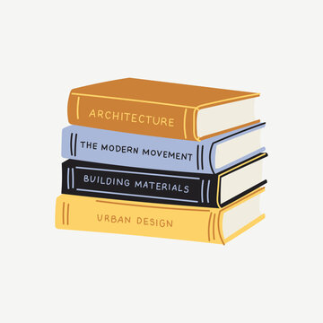 Stack Of Architecture Books On Modern Movement, Building Materials And Urban Design, Hardcover Volumes With Lettered Spines, Mustard, Lavender, Black And Yellow, Flat Vector Illustration