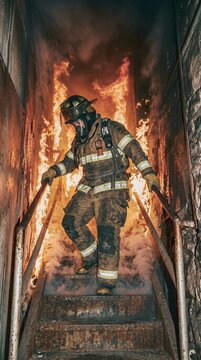 Firefighter in protective gear descending staircase through flames and smoke during rescue