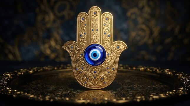 A golden hamsa hand featuring a traditional evil eye amulet.