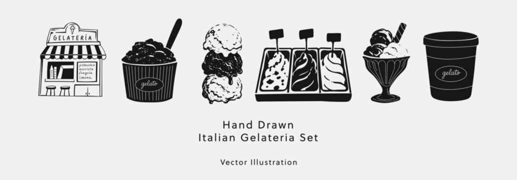 Hand Drawn Italian Gelateria Set With Gelato Shop, Ice Cream Cup, Scoops, Display Case, Sundae Glass And Tub, Black And White Monochrome Ink Style, Vector Illustration