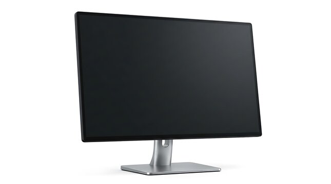 Modern computer monitor with black screen isolated on white background.