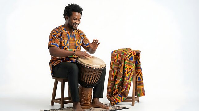 Man wearing traditional patterned shirt playing djembe drum on stool