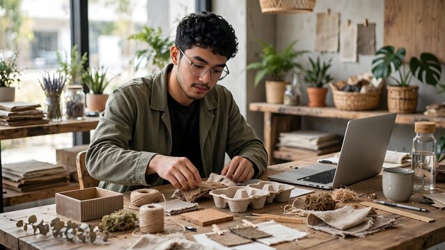 Entrepreneur creating an environmentally conscious product using sustainable materials and creative design