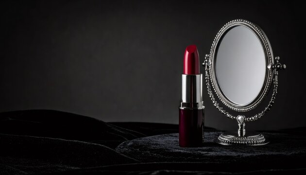 Red lipstick and vintage silver mirror on velvet