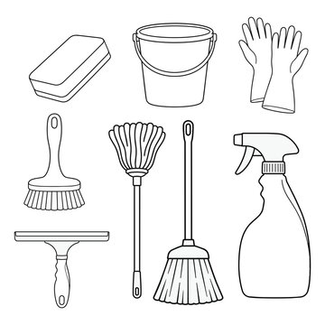 Cleaning Tools Collection Black and White Minimal Line Art Vector Set