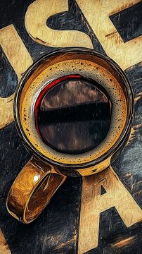 Close-up of dark coffee in a mug on a wooden surface with letters.