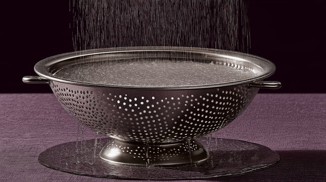 Water draining through metal colander on purple surface