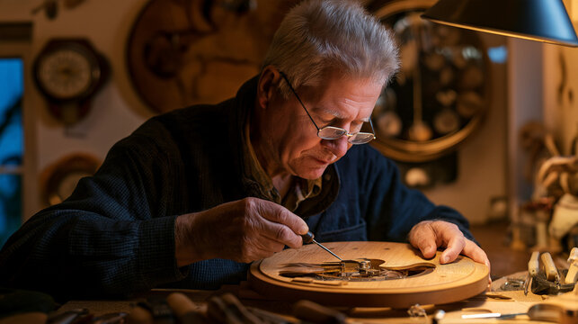 Senior craftsman assembling wooden clock mechanism in workshop