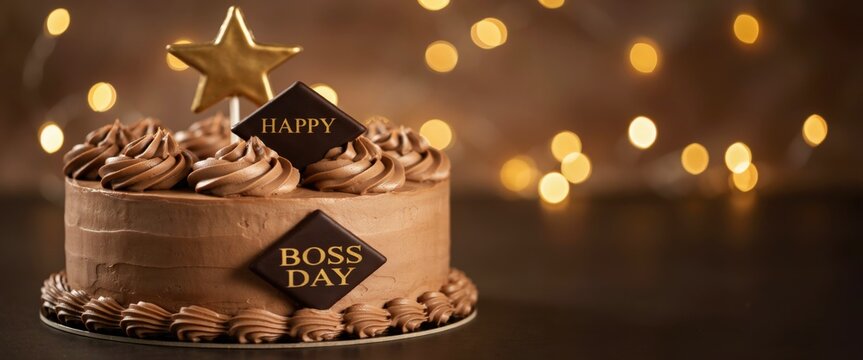 Chocolate boss day cake with star topper and bokeh lights background