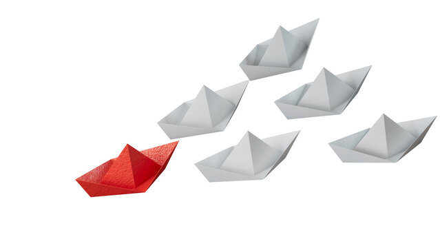 Different business concept.new ideas. paper art style.Leadership concept with red paper ship leading among white boats.Supports PNG files with transparent backgrounds.