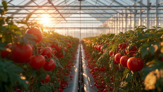 Generative AI depicts a vibrant greenhouse filled with ripe cherry tomatoes at sunset