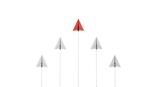 Paper plane on blue background, Business competition concept. leaderplane for new ideas competition. competitor individual pointing in different ways for new competitive solution.
