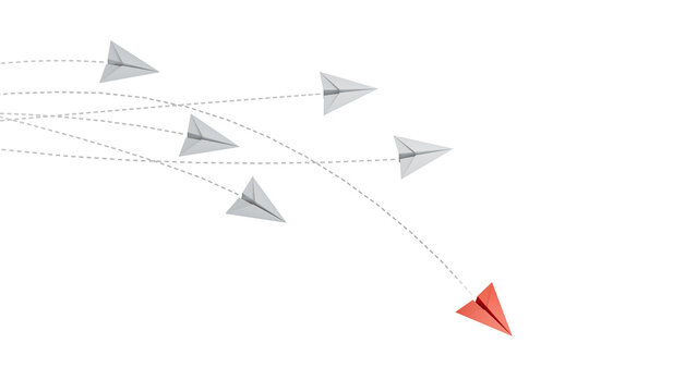 Red plane changes direction. New idea, change, trend, courage, creative decision, innovation and unique concept of the path.Supports PNG files with transparent backgrounds.