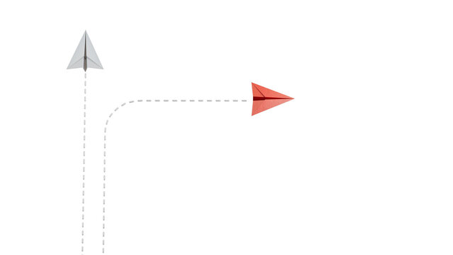 Red paper plane pointing in new direction on blue background, New normal, Business for innovative solution concept.Supports PNG files with transparent backgrounds.