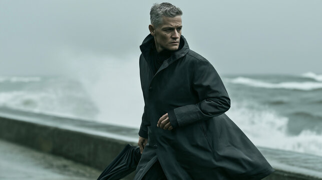 Man walking along stormy seafront in dark coat