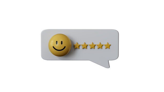 Isolate of golden five stars inside message BALL with smile face , Customer or client feedback system after use product and service by 3d render design for mobile application.