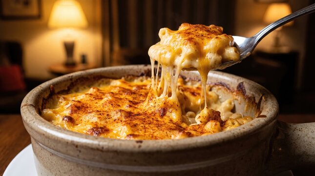 Cheesy baked macaroni and cheese pulled from a rustic dish with a warm glow