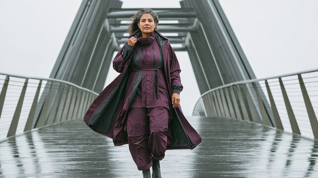 Woman walking on modern bridge in rainy weather wearing long coat