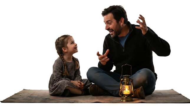 A father telling stories to his young daughter with a lantern