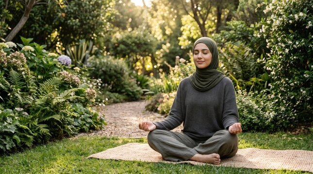 A young Muslim woman meditating outdoors in a serene garden.