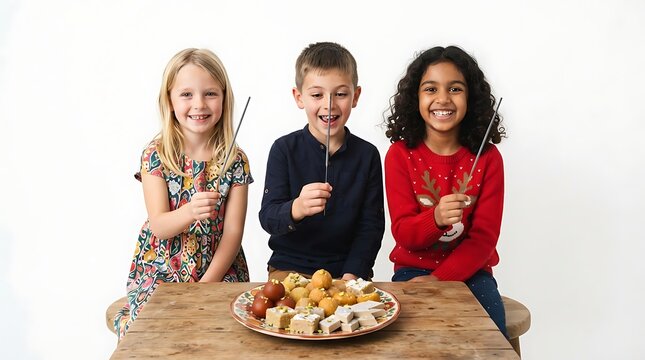 Three diverse children holding sparklers behind a plate of sweets