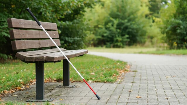 White cane for the blind leaning against a wooden park bench