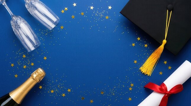 Graduation cap, champagne bottle, diploma, and confetti in a festive vertical setup symbolizing celebration and achievements