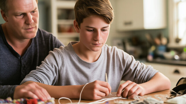 Boy learning to knit with adult supervision at home