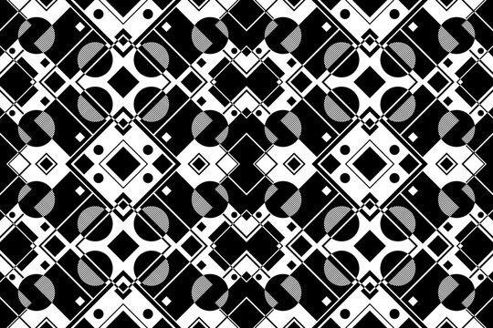 Abstract geometric monochrome pattern with symmetrical squares, circles, and diagonal lines in black and white style.