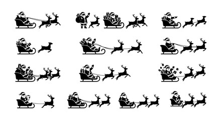 Fototapeta premium Santa Claus Sleigh Rides, Festive Christmas Icons, Black and White Vector Graphics