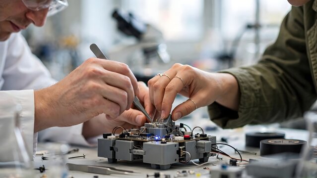 Research laboratory scene illustrating collaboration between science, design and innovation