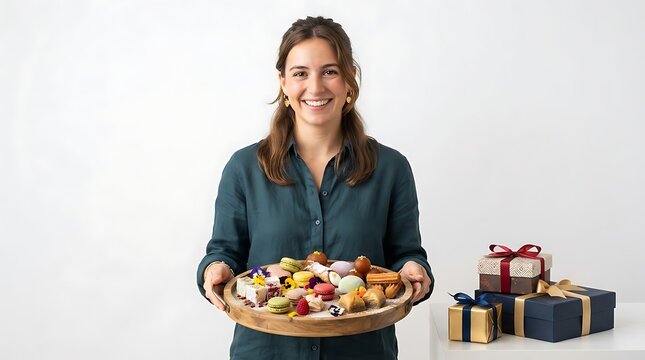 Smiling woman holding a wooden tray of assorted sweet desserts
